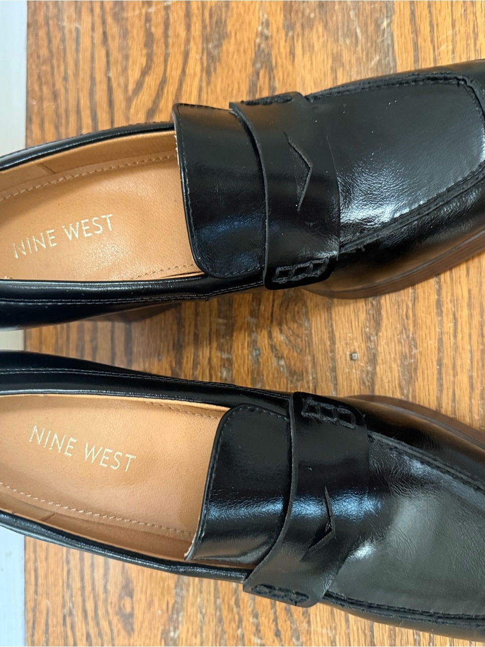Nine West Black Leather Block Heel Penny Loafer Mary Jane Pumps Sz 8 Platform - Picture 11 of 13
